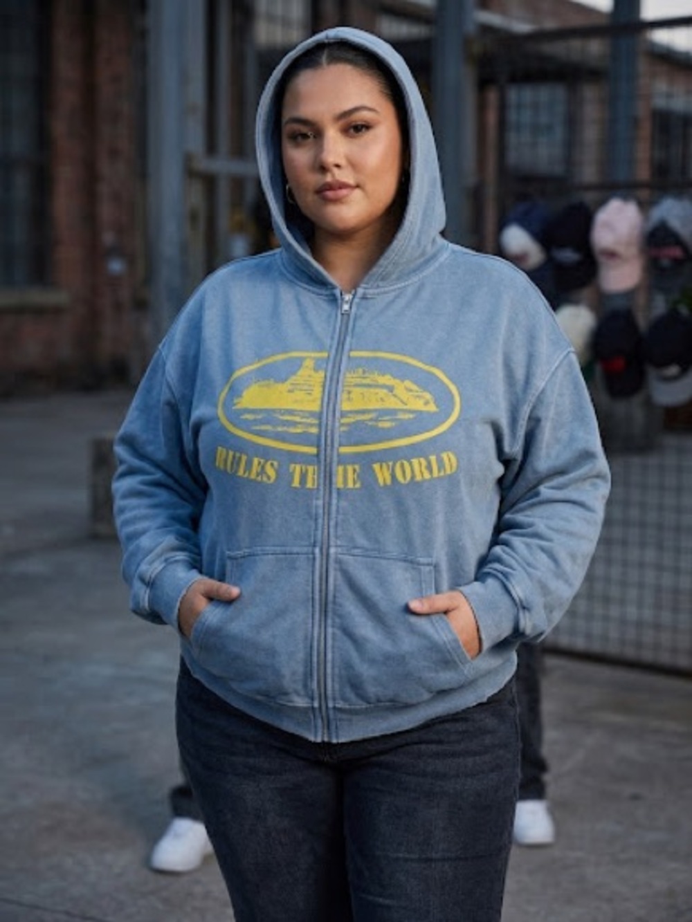 Women's Light Blue Zip-Up Hoodie Jacket with Yellow Boat Graphic